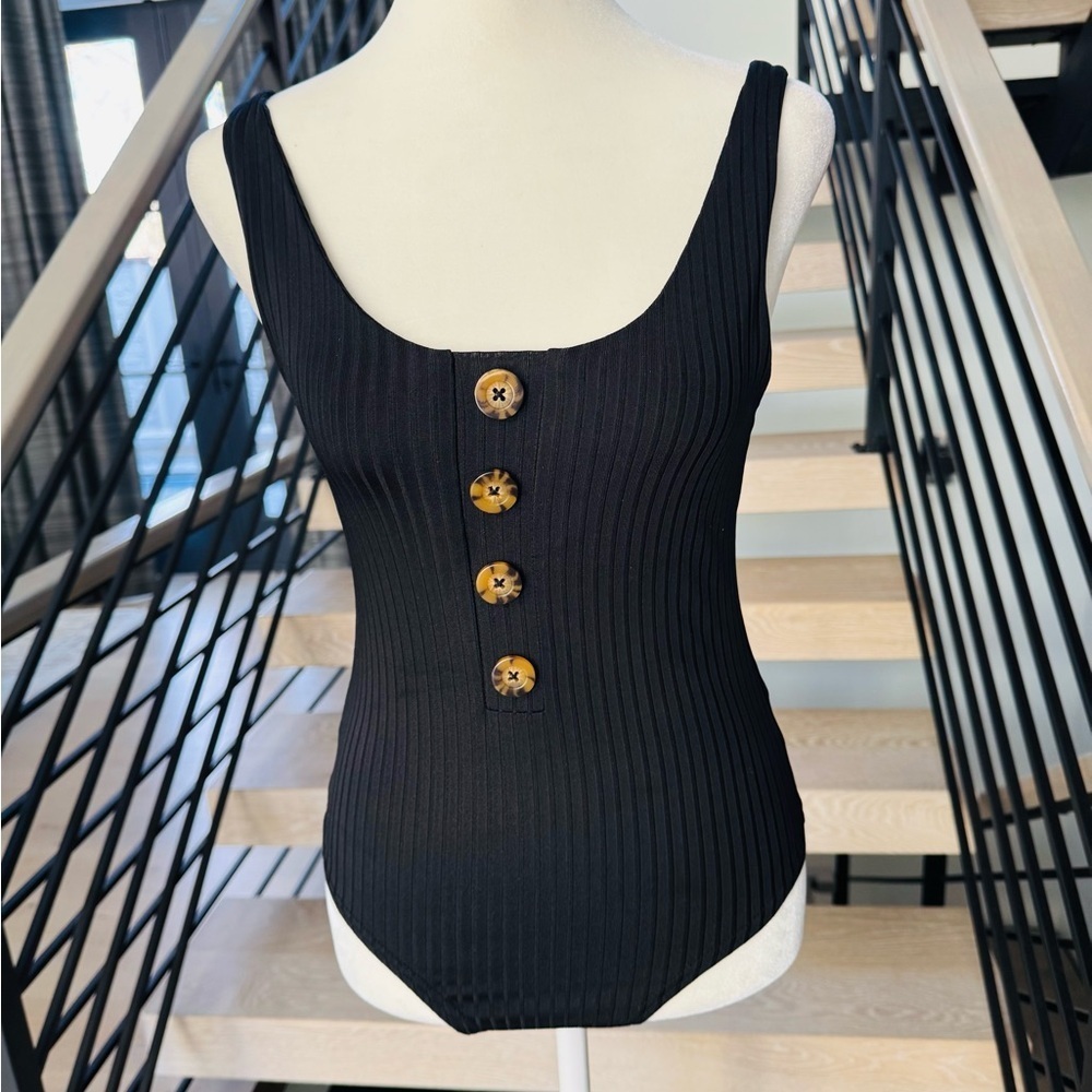 New Chic Black Ribbed Swimsuit with Button Accents size XS